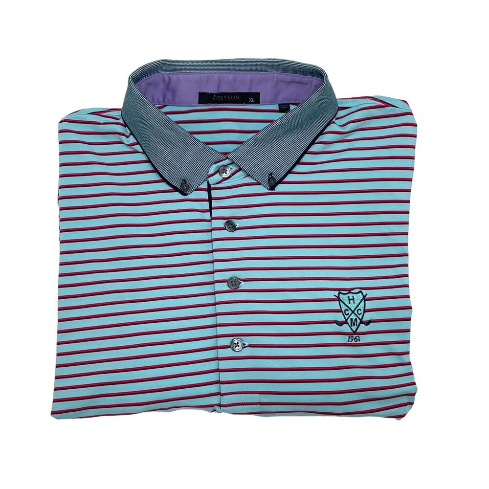 Greyson Golf Polo Shirt Mens Size XL Blue Pink Striped Performance‎ Hop Meadow